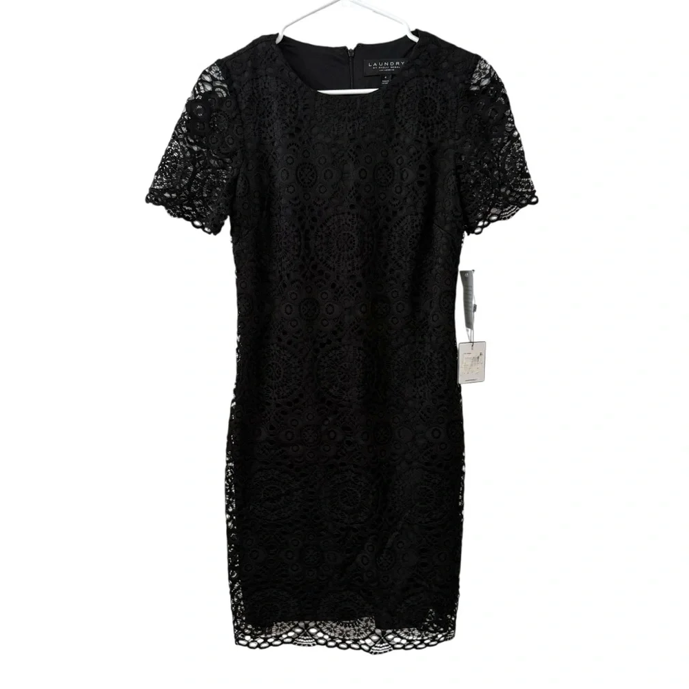 NWT Laundry by Shelli Segal Size 4 Black Lace Overlay Short Sleeve Sheath Dress